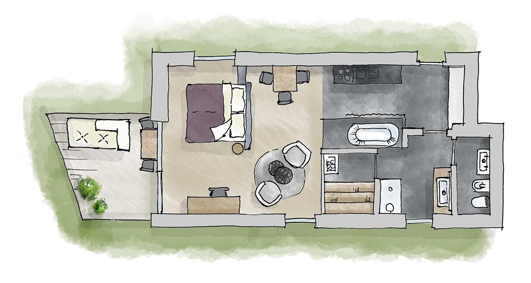 Die Zimmerskizze der Suite Giardino