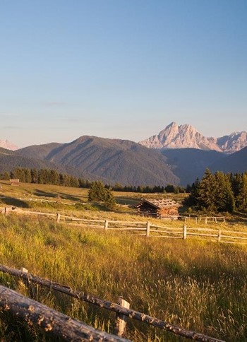 Wide alpine meadow with wooden fences and huts at sunset with mountain backdrop.