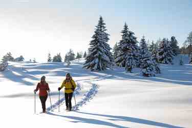 Two women on a snowshoe hike