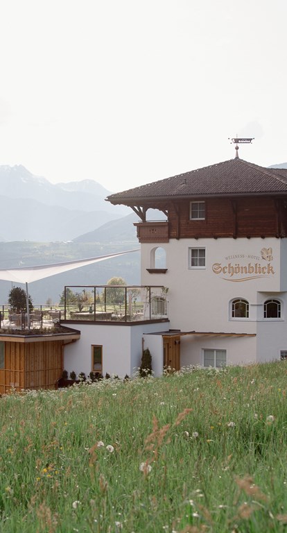 Our hotel with terrace and blooming meadow on the foreground